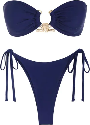 ZAFUL Metal Ring Bandeau Bikini Set Tie Side Bathing Suit High Cut 2 Piece Swimsuit Cutout Swimwear