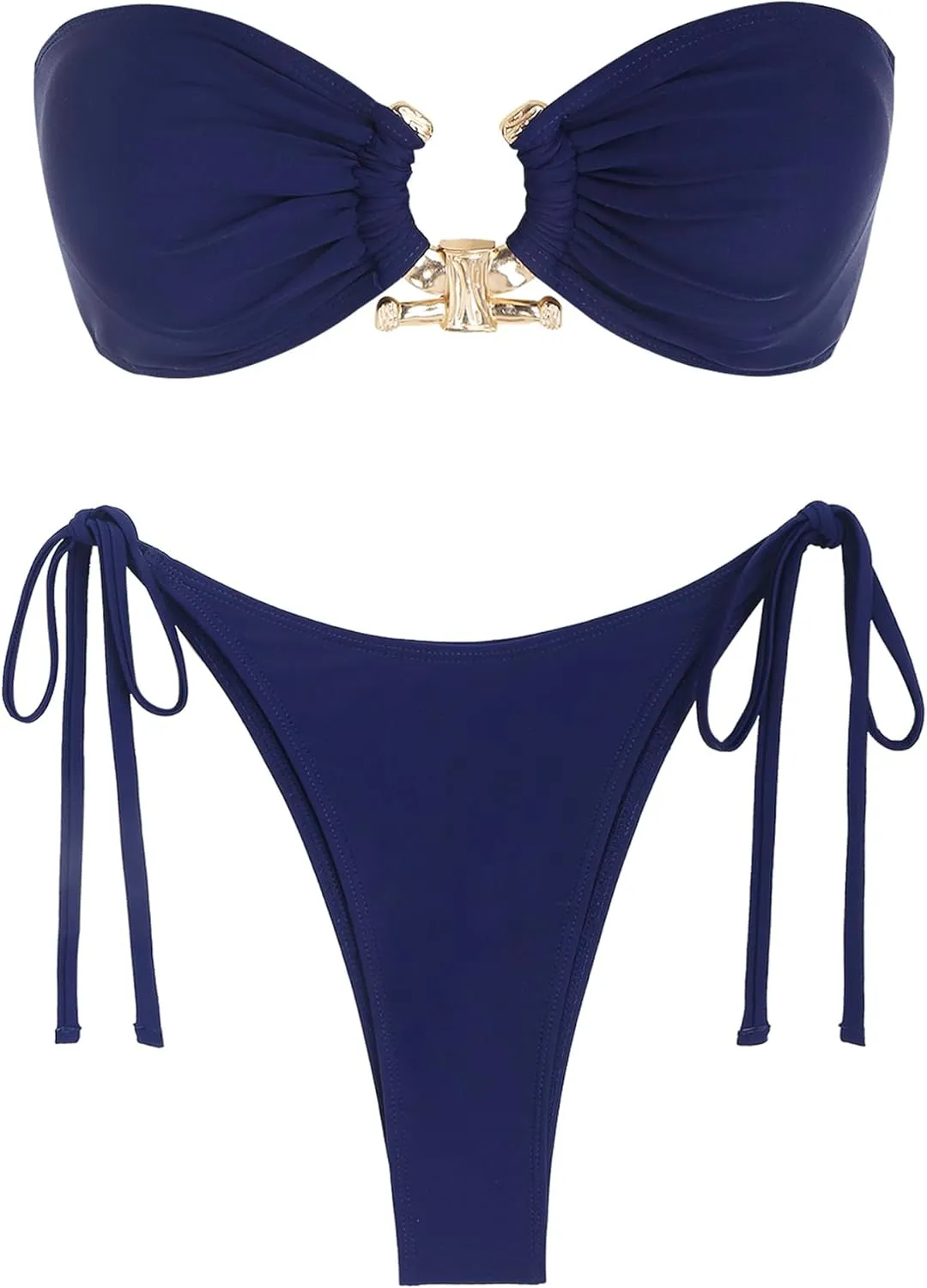 ZAFUL Metal Ring Bandeau Bikini Set Tie Side Bathing Suit High Cut 2 Piece Swimsuit Cutout Swimwear
