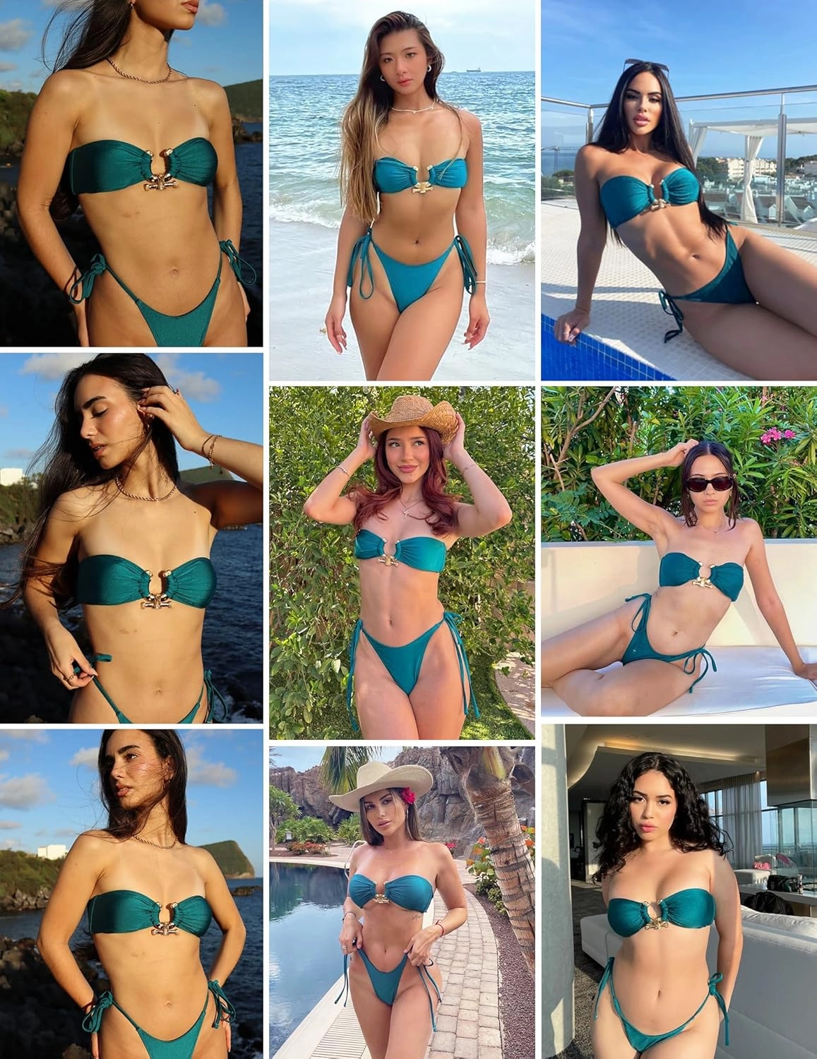 ZAFUL Metal Ring Bandeau Bikini Set Tie Side Bathing Suit High Cut 2 Piece Swimsuit Cutout Swimwear