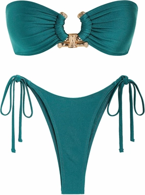 ZAFUL Metal Ring Bandeau Bikini Set Tie Side Bathing Suit High Cut 2 Piece Swimsuit Cutout Swimwear