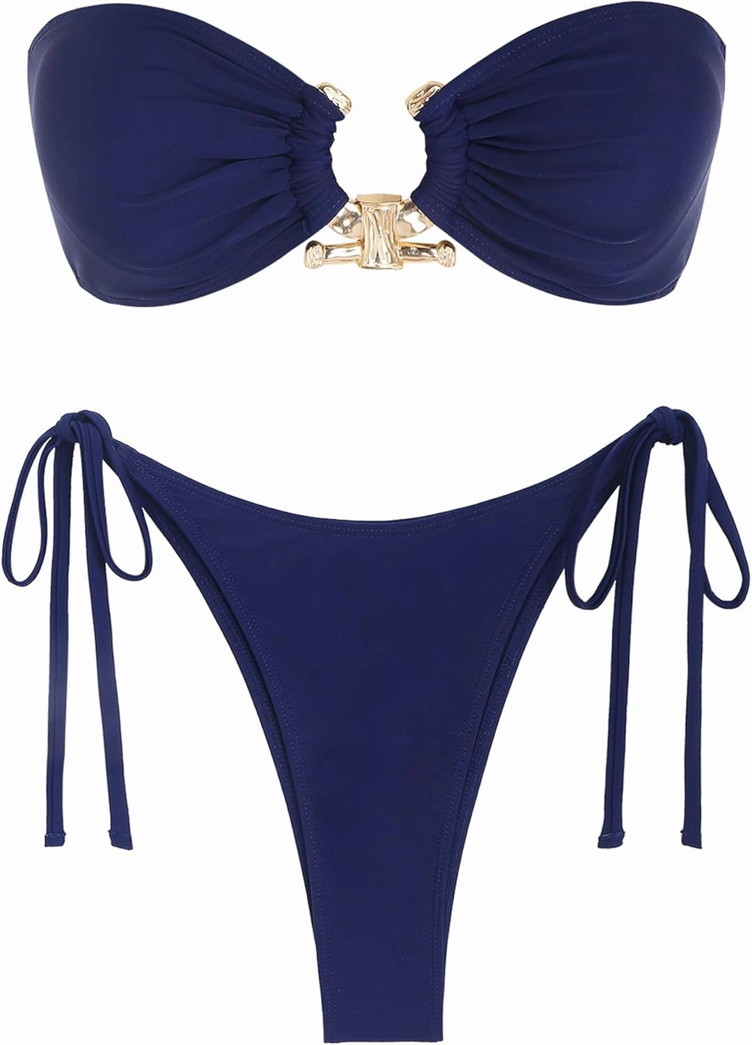 ZAFUL Metal Ring Bandeau Bikini Set Tie Side Bathing Suit High Cut 2 Piece Swimsuit Cutout Swimwear