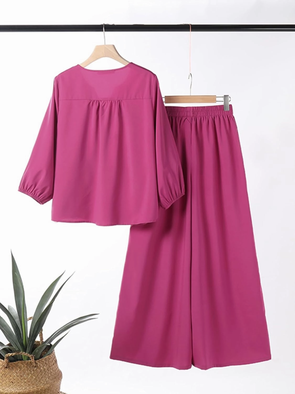 Zanzea Womens 2 Piece Outfits Lounge Sets Lantern Sleeves Loose Fit Elasticized Waistband Wide Leg Pants Set