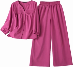 Zanzea Womens 2 Piece Outfits Lounge Sets Lantern Sleeves Loose Fit Elasticized Waistband Wide Leg Pants Set