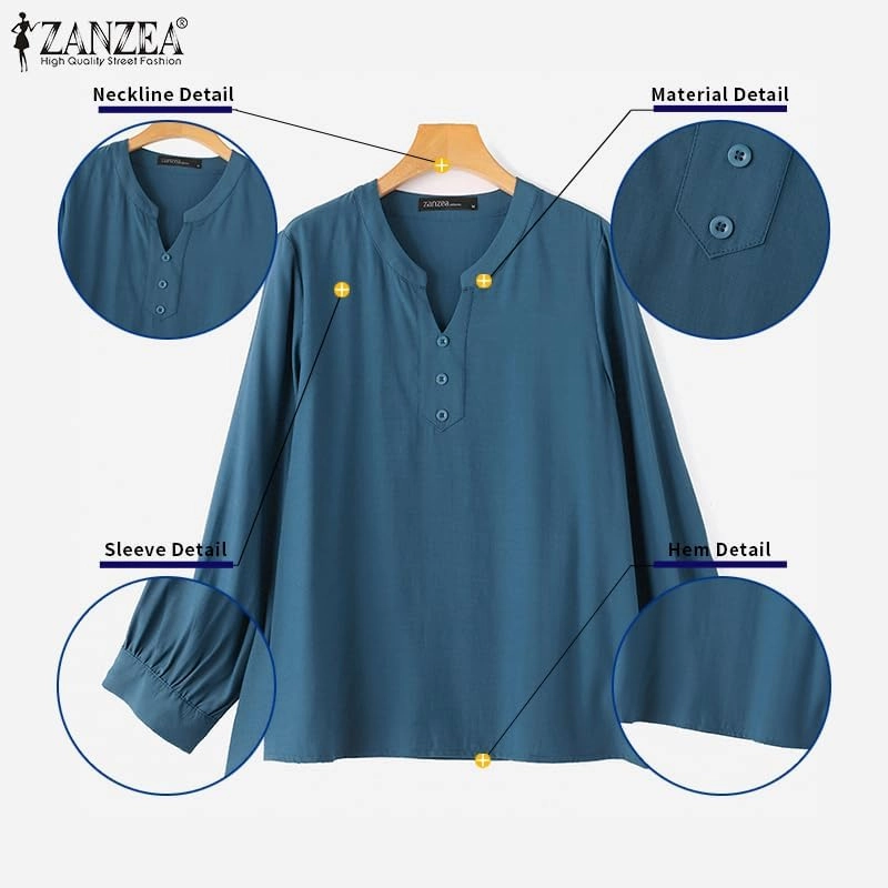 ZANZEA Womens Tops 3/4 Sleeve Blouse Dressy Casual V Neck Shirts Business Work Loose Fit Tunic Tops Fall Outfits 2024 Trendy