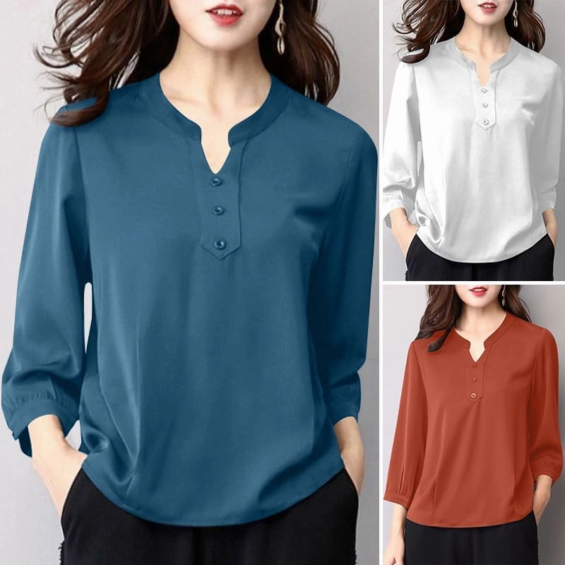 ZANZEA Womens Tops 3/4 Sleeve Blouse Dressy Casual V Neck Shirts Business Work Loose Fit Tunic Tops Fall Outfits 2024 Trendy