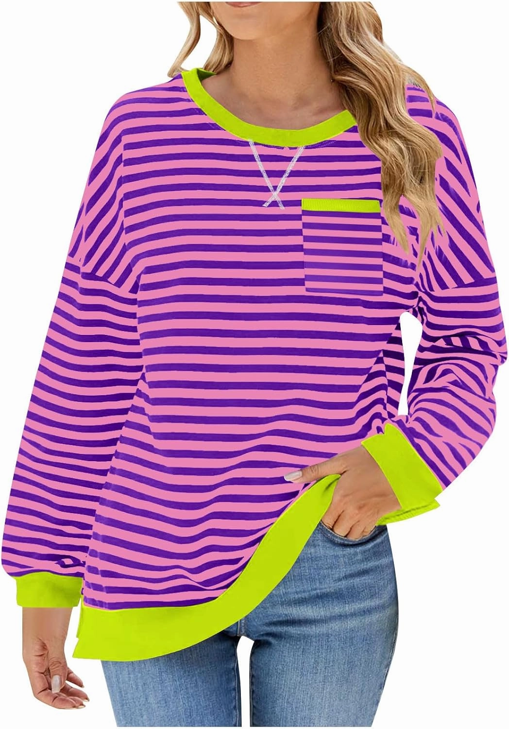 ZDRZK Striped Oversized Sweatshirt Women Long Sleeve Star Graphic Tee Shirts Crewneck 2024 Fall Loose Pullover Clothes