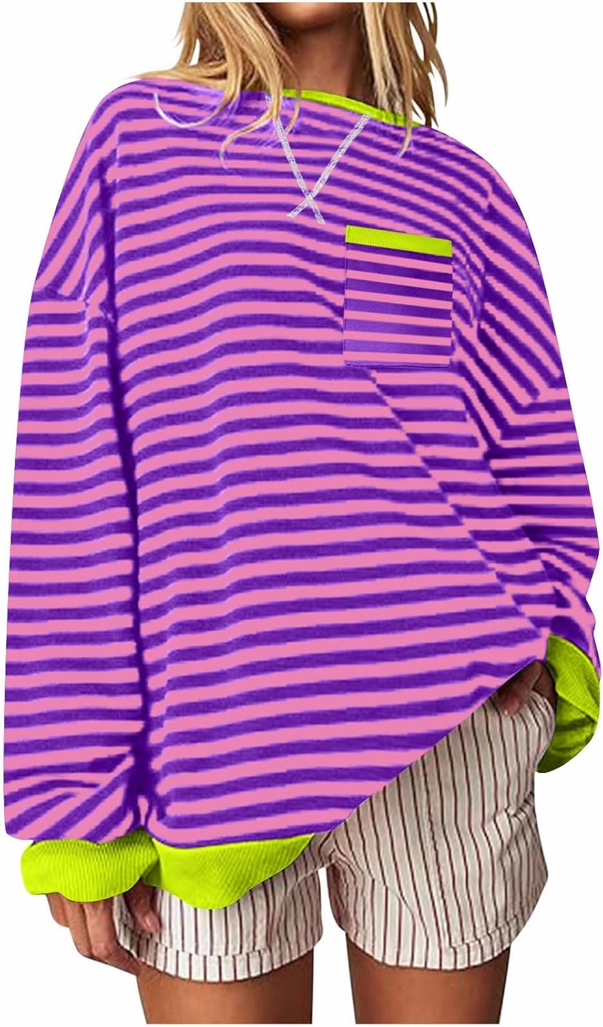 ZDRZK Striped Oversized Sweatshirt Women Long Sleeve Star Graphic Tee Shirts Crewneck 2024 Fall Loose Pullover Clothes