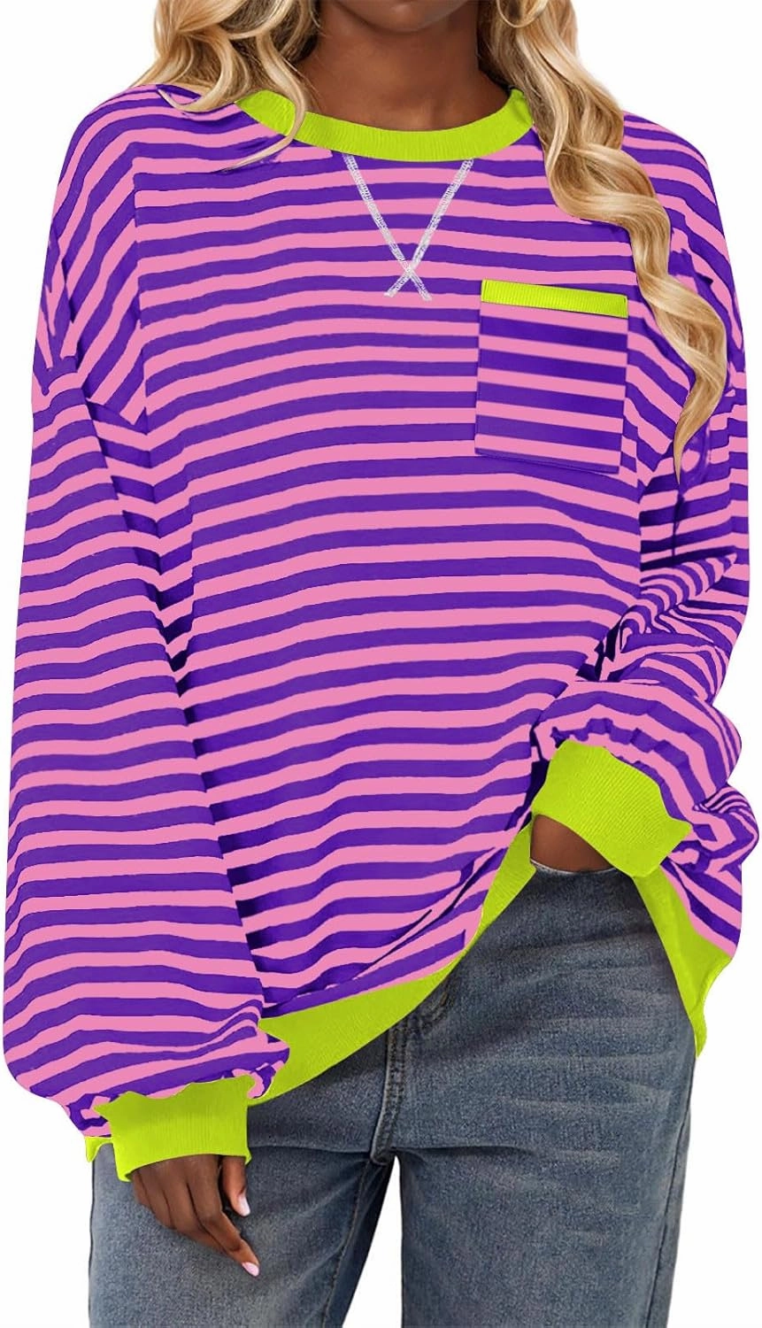 ZDRZK Striped Oversized Sweatshirt Women Long Sleeve Star Graphic Tee Shirts Crewneck 2024 Fall Loose Pullover Clothes