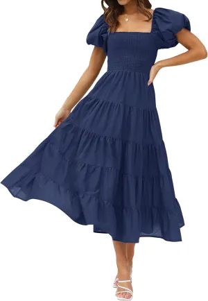 ZESICA Women's 2025 Summer Square Neck Short Puff Sleeve Solid Color High Waist Casual Smocked Flowy A Line Tiered Midi Dress