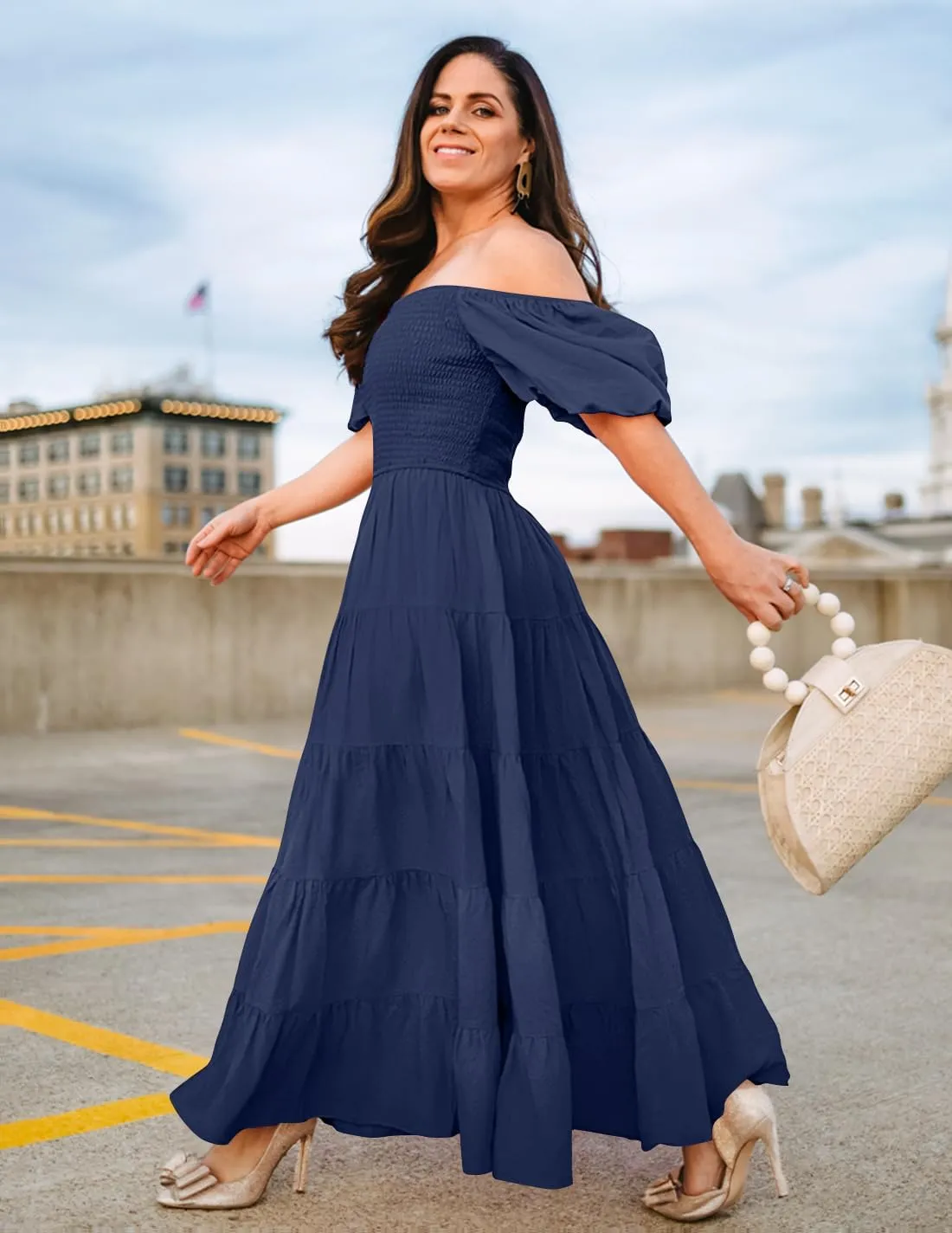 ZESICA Women's 2025 Summer Square Neck Short Puff Sleeve Solid Color High Waist Casual Smocked Flowy A Line Tiered Midi Dress
