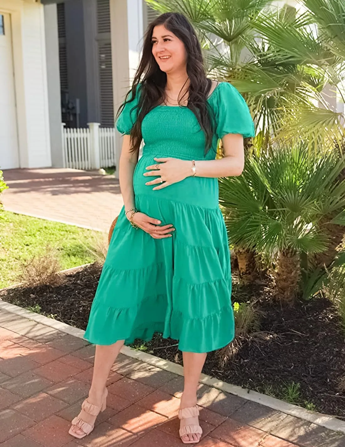 ZESICA Women's 2025 Summer Square Neck Short Puff Sleeve Solid Color High Waist Casual Smocked Flowy A Line Tiered Midi Dress