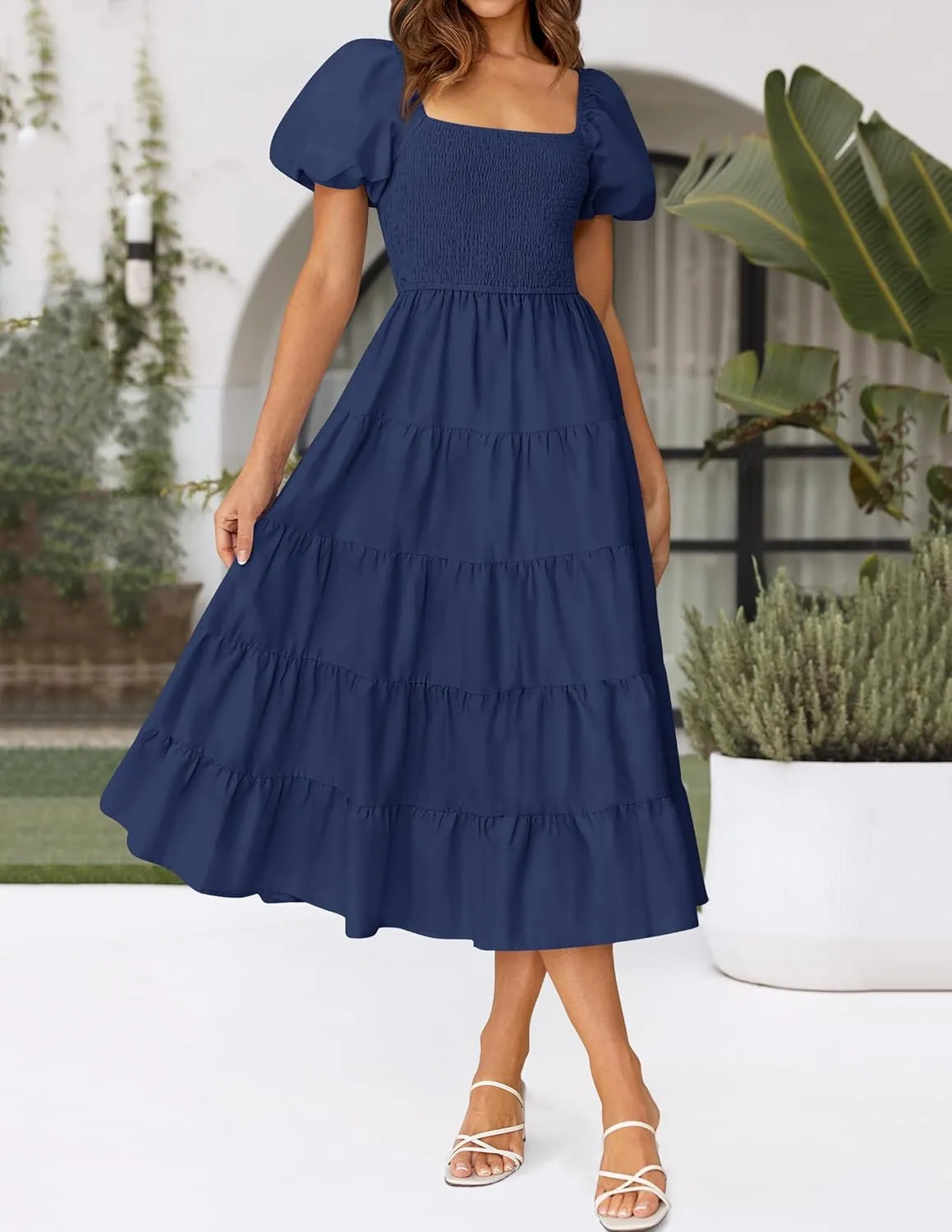 ZESICA Women's 2025 Summer Square Neck Short Puff Sleeve Solid Color High Waist Casual Smocked Flowy A Line Tiered Midi Dress