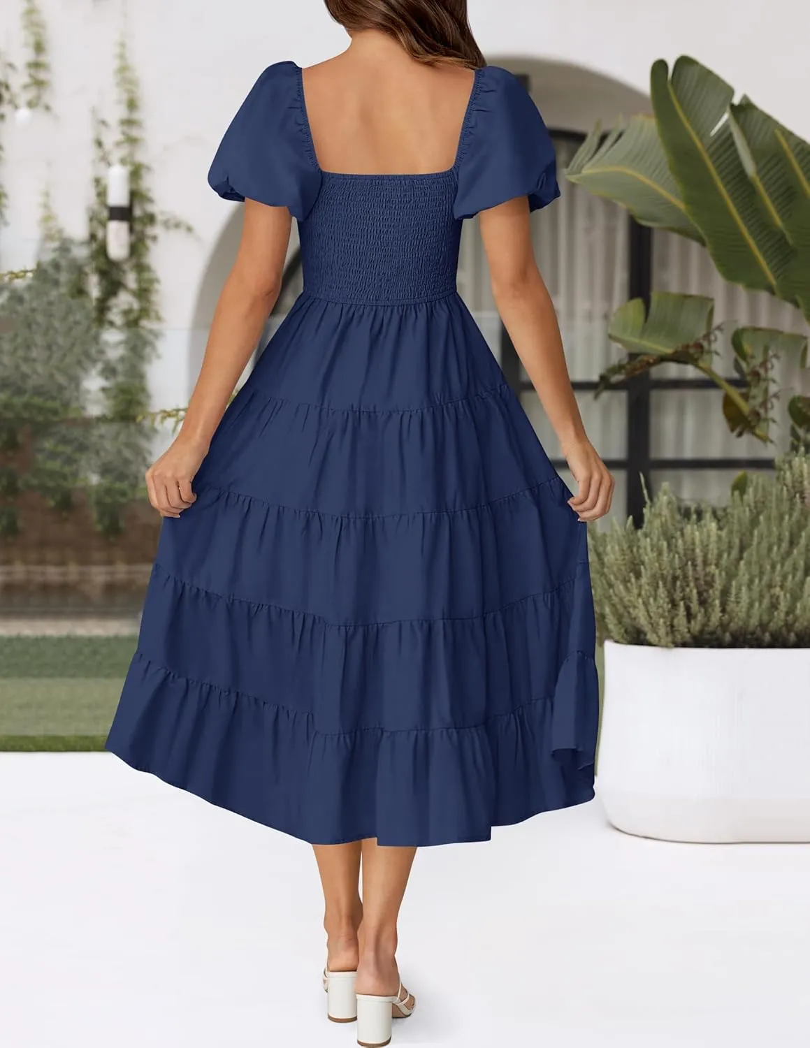 ZESICA Women's 2025 Summer Square Neck Short Puff Sleeve Solid Color High Waist Casual Smocked Flowy A Line Tiered Midi Dress