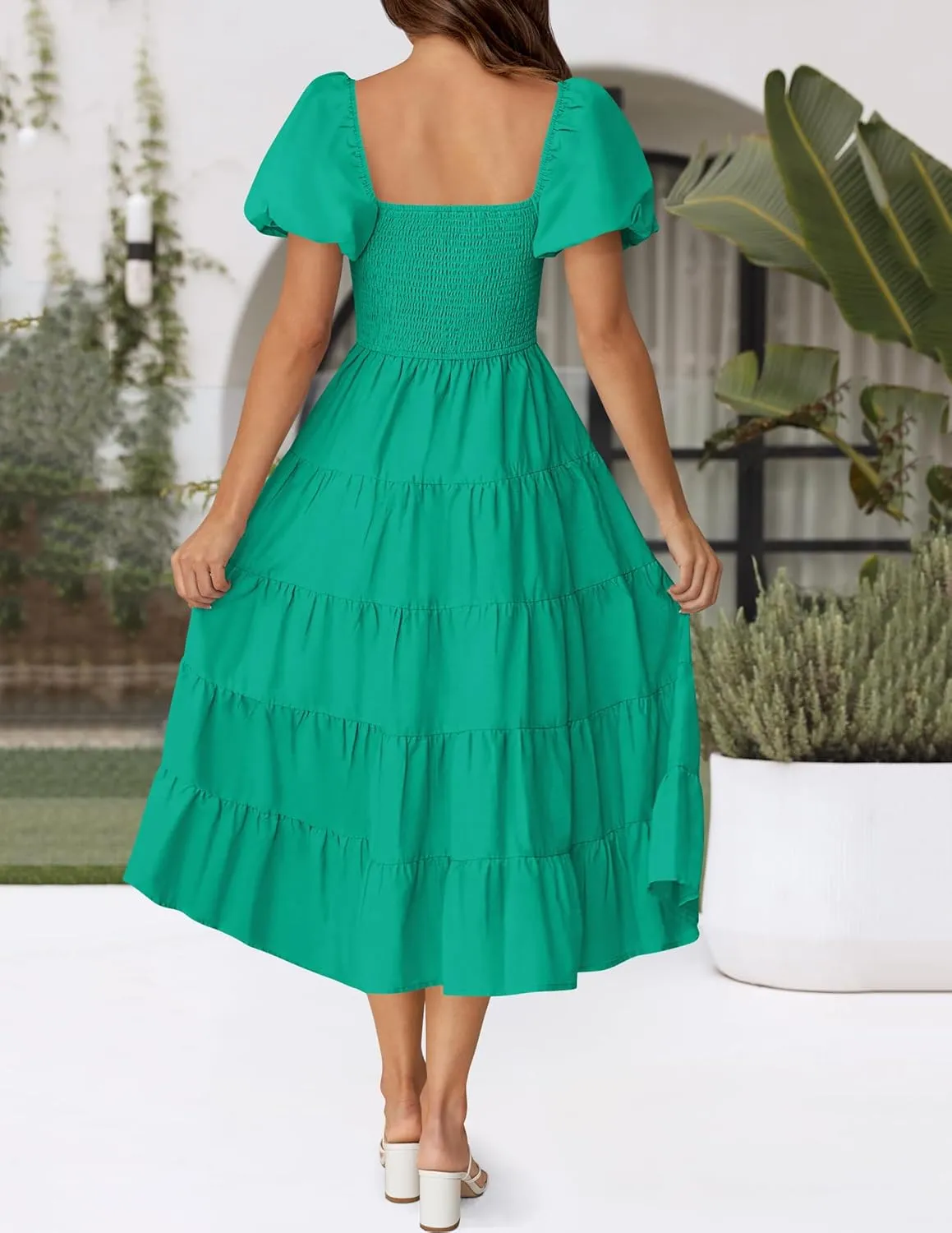 ZESICA Women's 2025 Summer Square Neck Short Puff Sleeve Solid Color High Waist Casual Smocked Flowy A Line Tiered Midi Dress