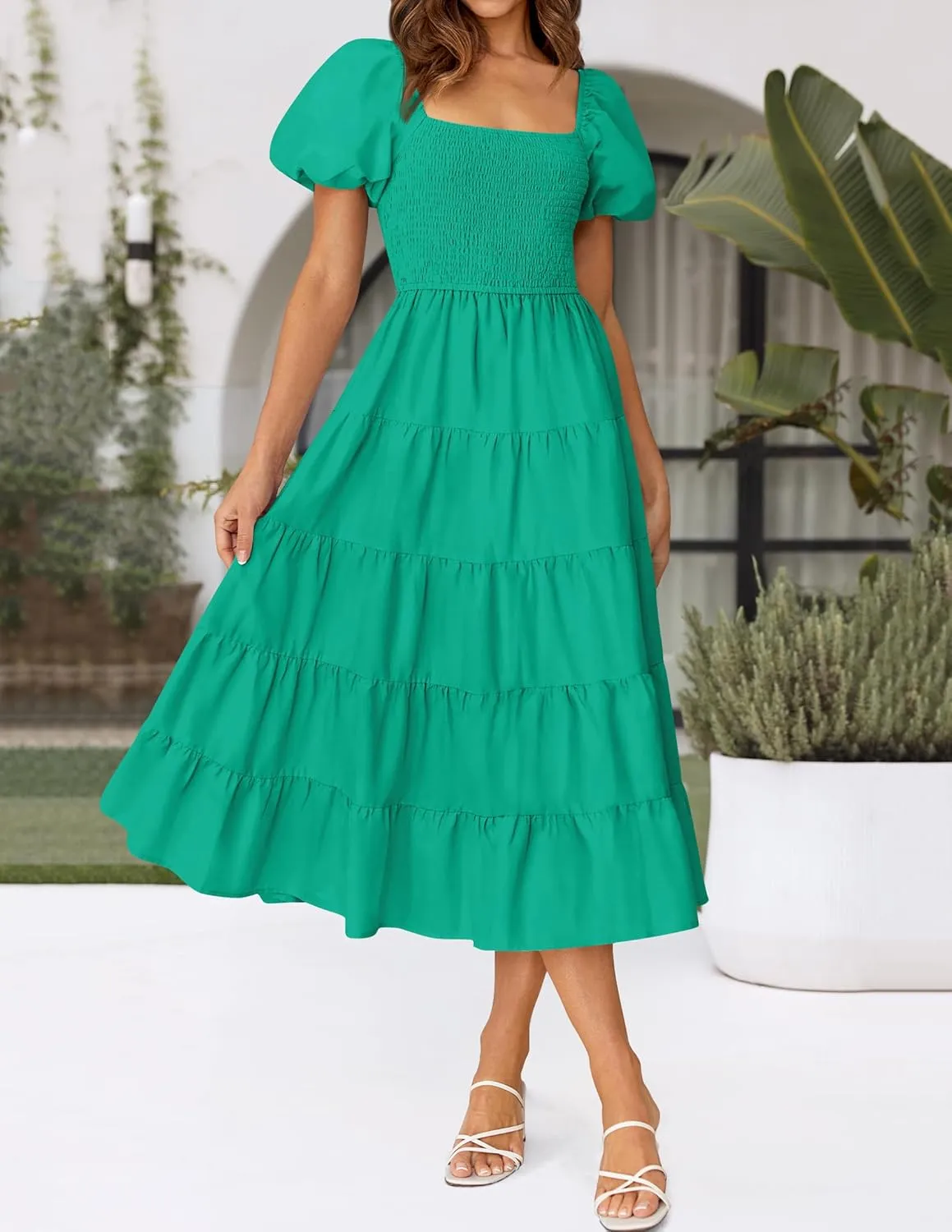 ZESICA Women's 2025 Summer Square Neck Short Puff Sleeve Solid Color High Waist Casual Smocked Flowy A Line Tiered Midi Dress