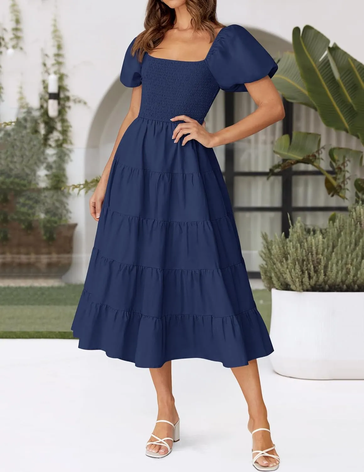 ZESICA Women's 2025 Summer Square Neck Short Puff Sleeve Solid Color High Waist Casual Smocked Flowy A Line Tiered Midi Dress