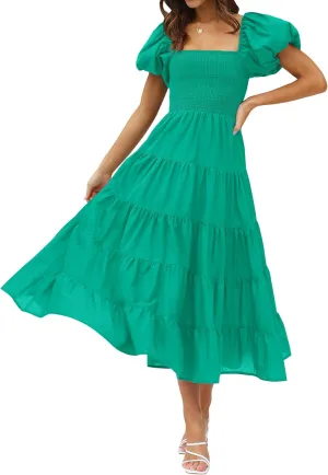 ZESICA Women's 2025 Summer Square Neck Short Puff Sleeve Solid Color High Waist Casual Smocked Flowy A Line Tiered Midi Dress