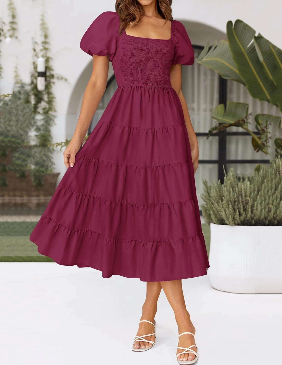 ZESICA Women's 2025 Summer Square Neck Short Puff Sleeve Solid Color High Waist Casual Smocked Flowy A Line Tiered Midi Dress