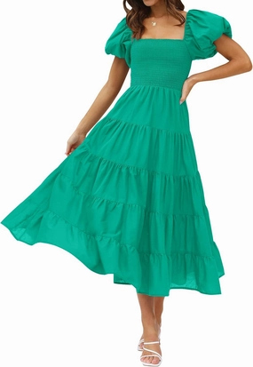 ZESICA Women's 2025 Summer Square Neck Short Puff Sleeve Solid Color High Waist Casual Smocked Flowy A Line Tiered Midi Dress