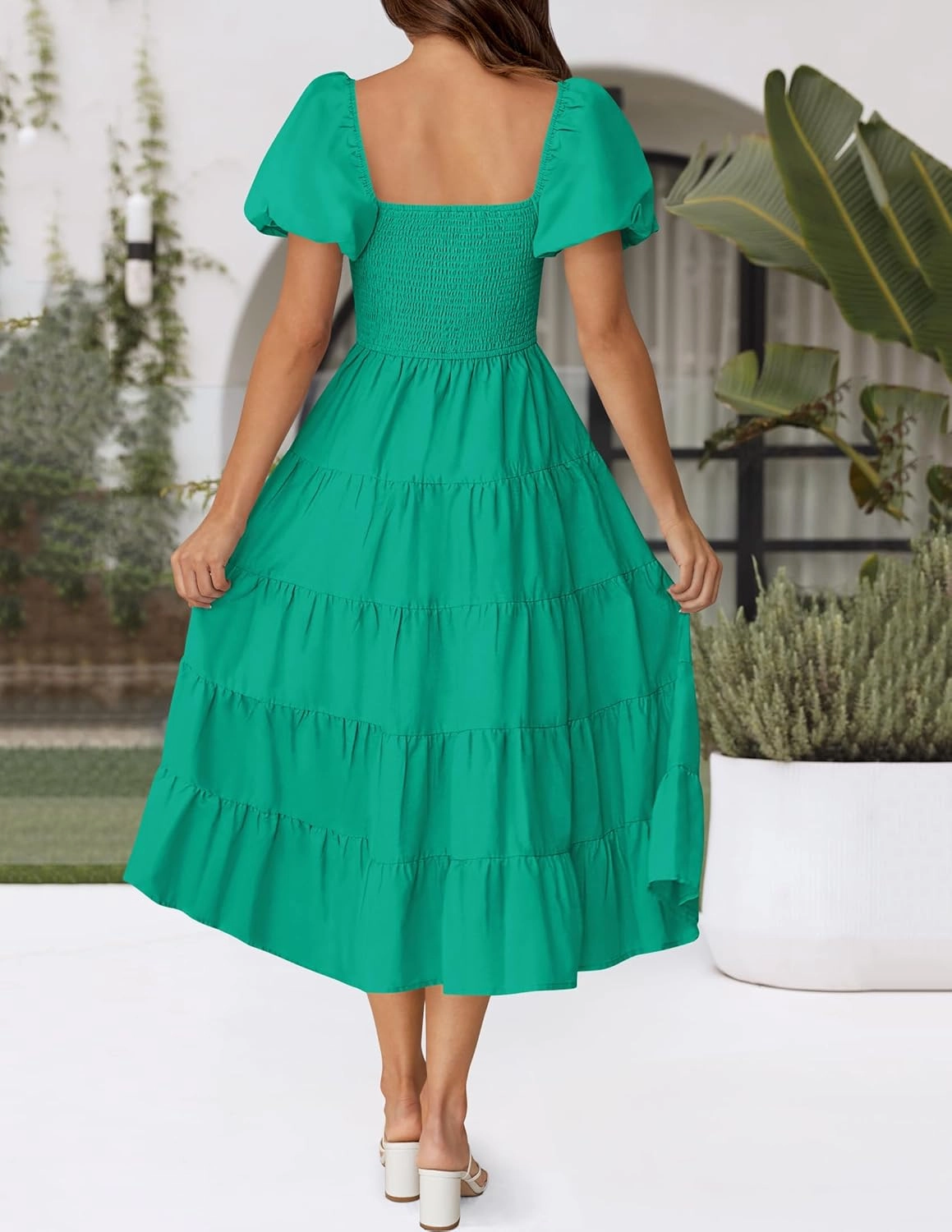 ZESICA Women's 2025 Summer Square Neck Short Puff Sleeve Solid Color High Waist Casual Smocked Flowy A Line Tiered Midi Dress