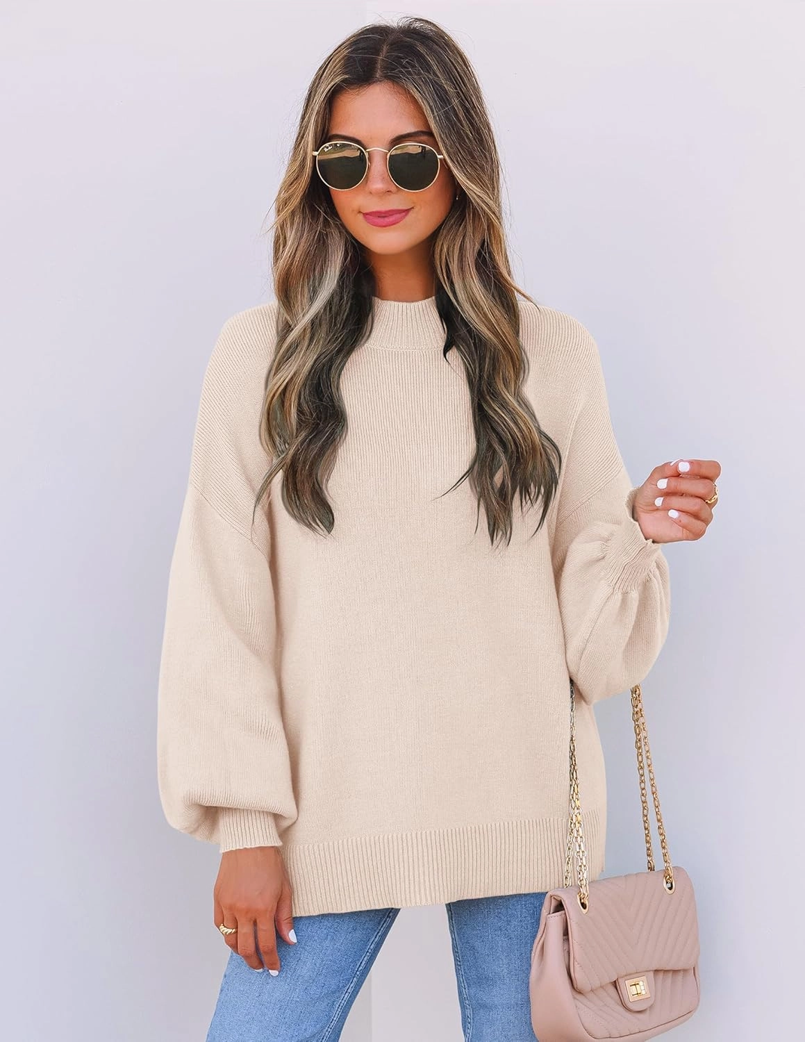 ZESICA Women's Casual Turtleneck Long Lantern Sleeve Oversized Ribbed Knit Pullover Sweater Jumper Top