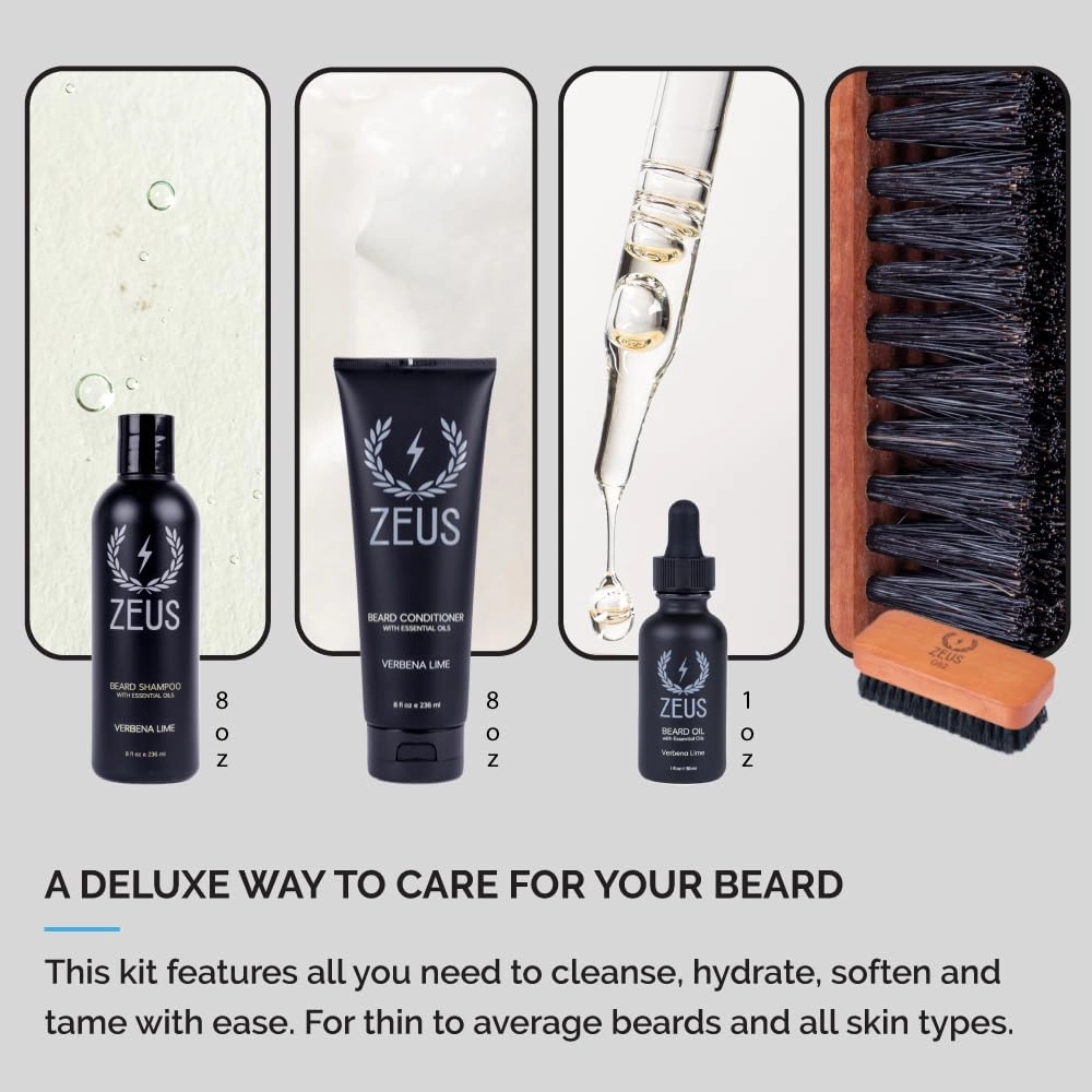 ZEUS Deluxe Beard Wash & Grooming Kit for Men – Natural Beard Oil, Beard Wash Combo & Beard Brush Gift Set (Verbena Lime)