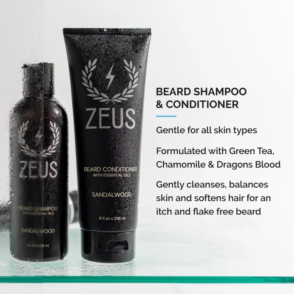 ZEUS Deluxe Beard Wash & Grooming Kit for Men – Natural Beard Oil, Beard Wash Combo & Beard Brush Gift Set (Verbena Lime)