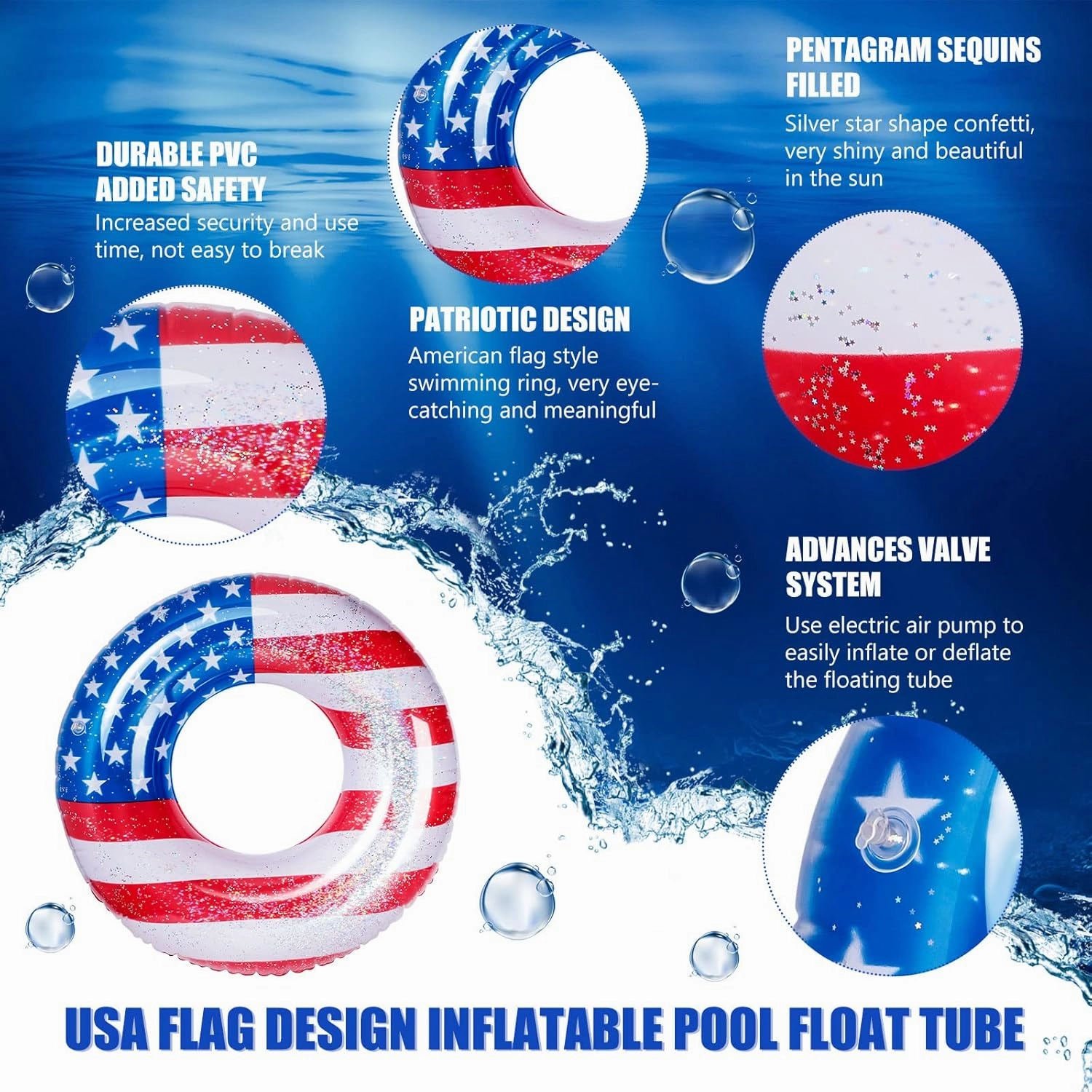 Zhanmai Patriotic Inflatable Pool Float Tube Cool USA Flag Design Water Swimming Ring Floaties Inflatable Tube Pool Tubes Water Swimming Ring Pool Floaties for Beach Lake Pool, 36 Lnch(4 Pieces)
