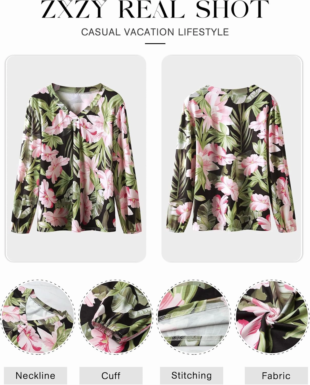 ZXZY Womens Hawaiian Shirt Vintage Leaf Floral Printed Tropical Tops V Neck Puff Long Sleeves Shirts
