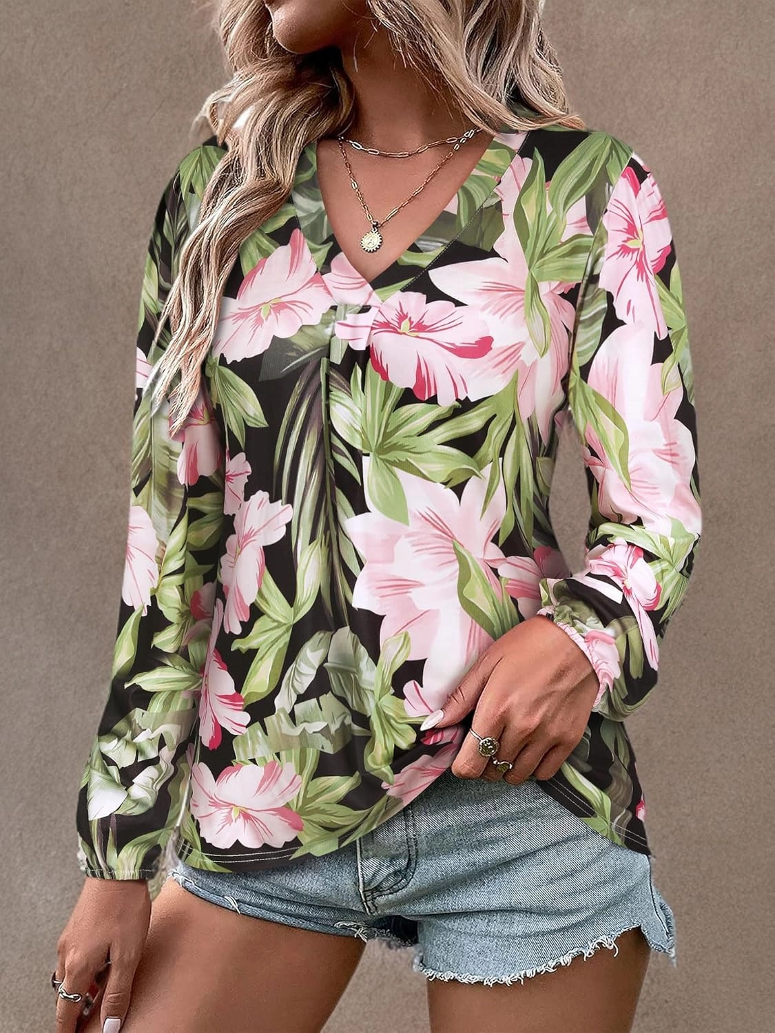 ZXZY Womens Hawaiian Shirt Vintage Leaf Floral Printed Tropical Tops V Neck Puff Long Sleeves Shirts