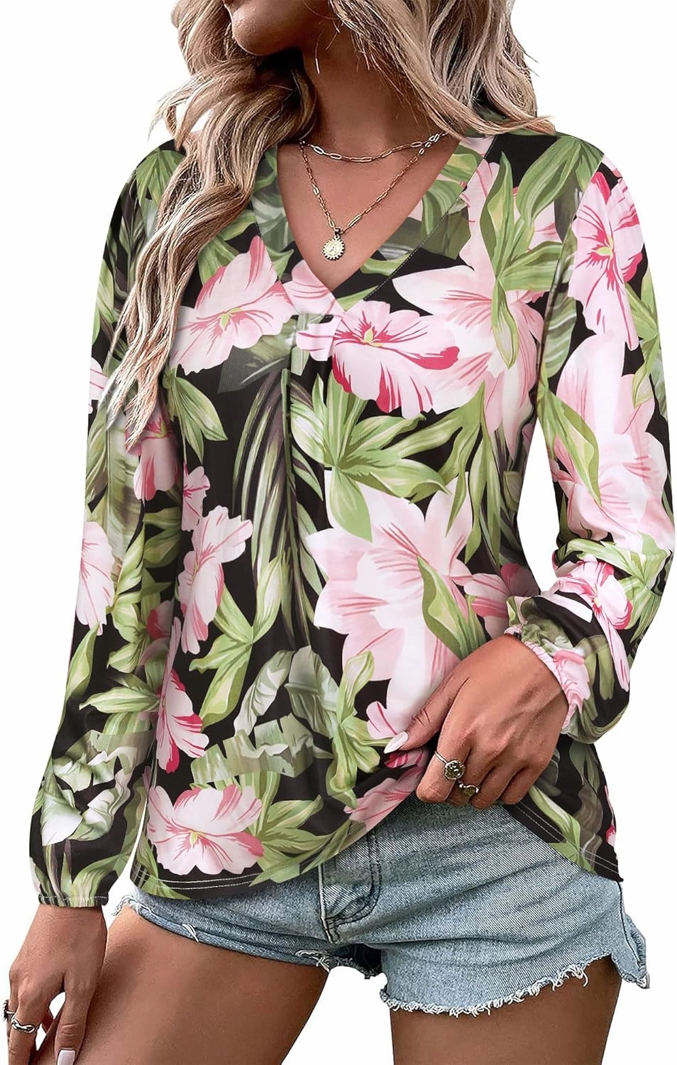 ZXZY Womens Hawaiian Shirt Vintage Leaf Floral Printed Tropical Tops V Neck Puff Long Sleeves Shirts