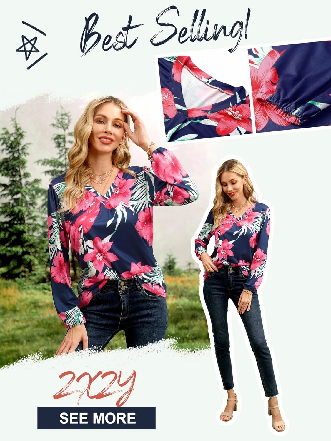 ZXZY Womens Hawaiian Shirt Vintage Leaf Floral Printed Tropical Tops V Neck Puff Long Sleeves Shirts