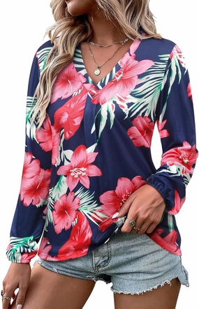 ZXZY Womens Hawaiian Shirt Vintage Leaf Floral Printed Tropical Tops V Neck Puff Long Sleeves Shirts