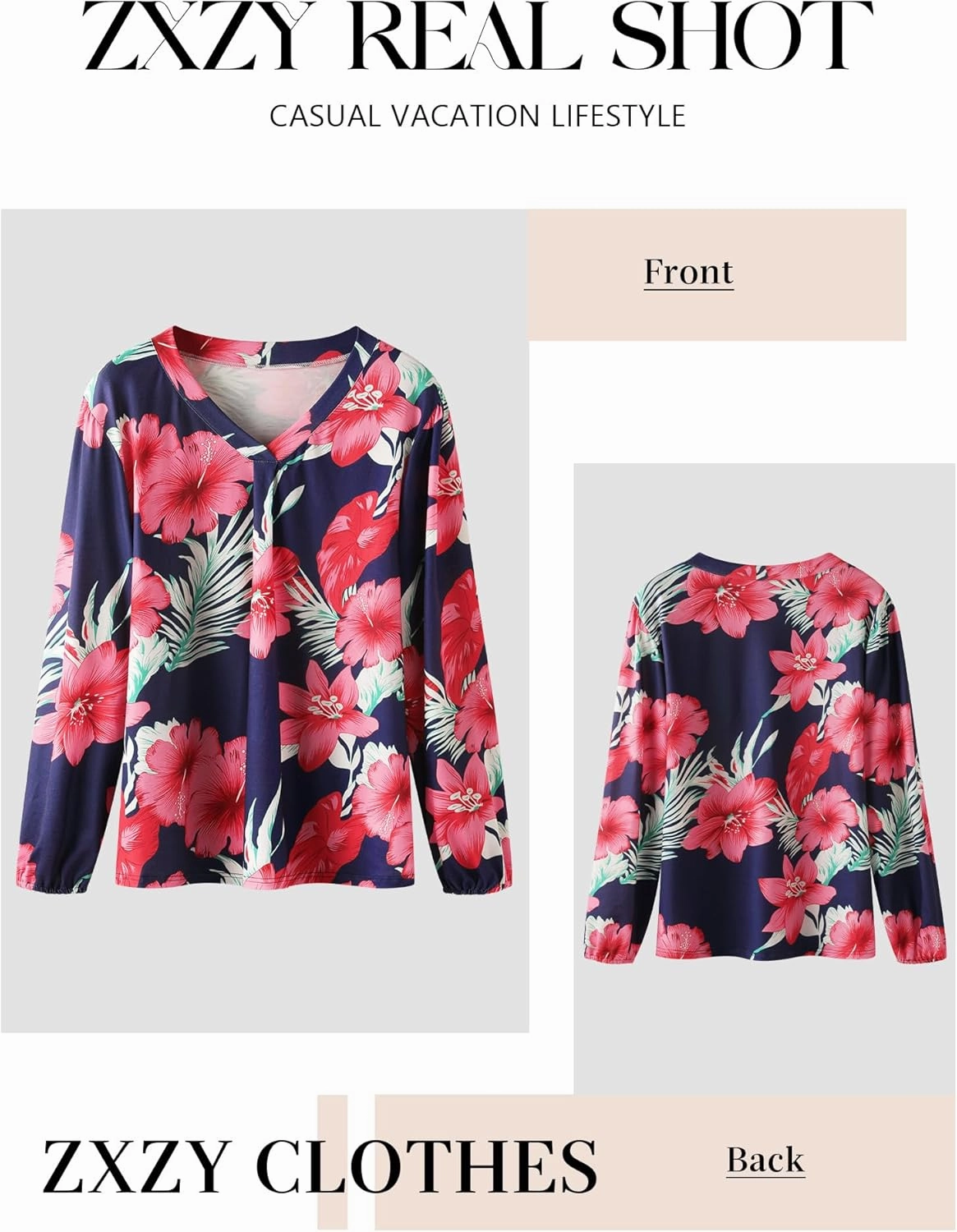 ZXZY Womens Hawaiian Shirt Vintage Leaf Floral Printed Tropical Tops V Neck Puff Long Sleeves Shirts