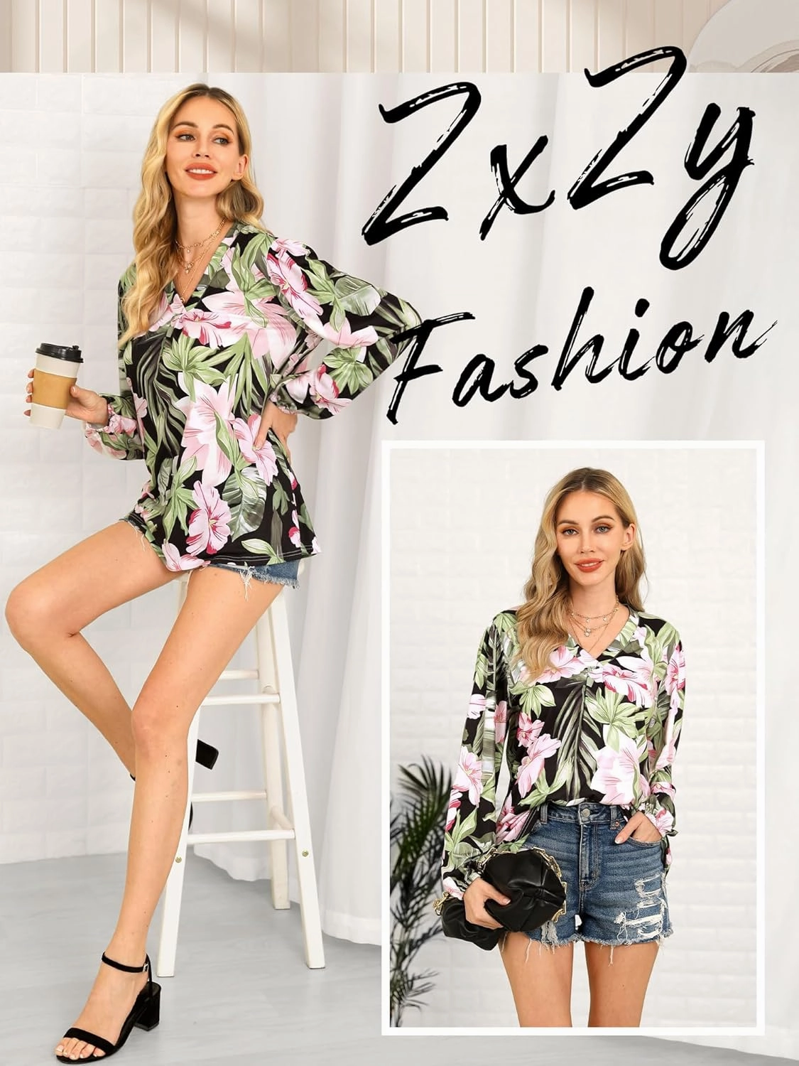 ZXZY Womens Hawaiian Shirt Vintage Leaf Floral Printed Tropical Tops V Neck Puff Long Sleeves Shirts