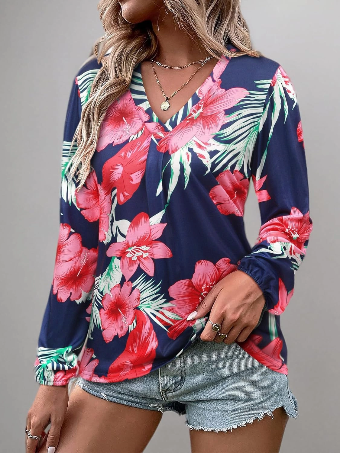 ZXZY Womens Hawaiian Shirt Vintage Leaf Floral Printed Tropical Tops V Neck Puff Long Sleeves Shirts