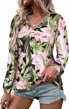ZXZY Womens Hawaiian Shirt Vintage Leaf Floral Printed Tropical Tops V Neck Puff Long Sleeves Shirts