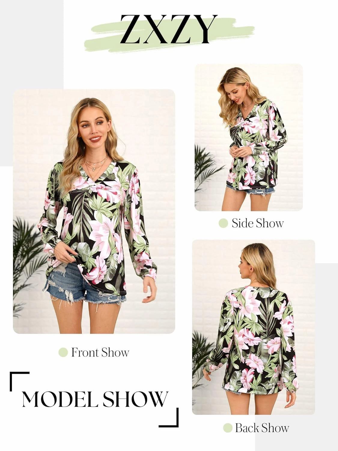 ZXZY Womens Hawaiian Shirt Vintage Leaf Floral Printed Tropical Tops V Neck Puff Long Sleeves Shirts