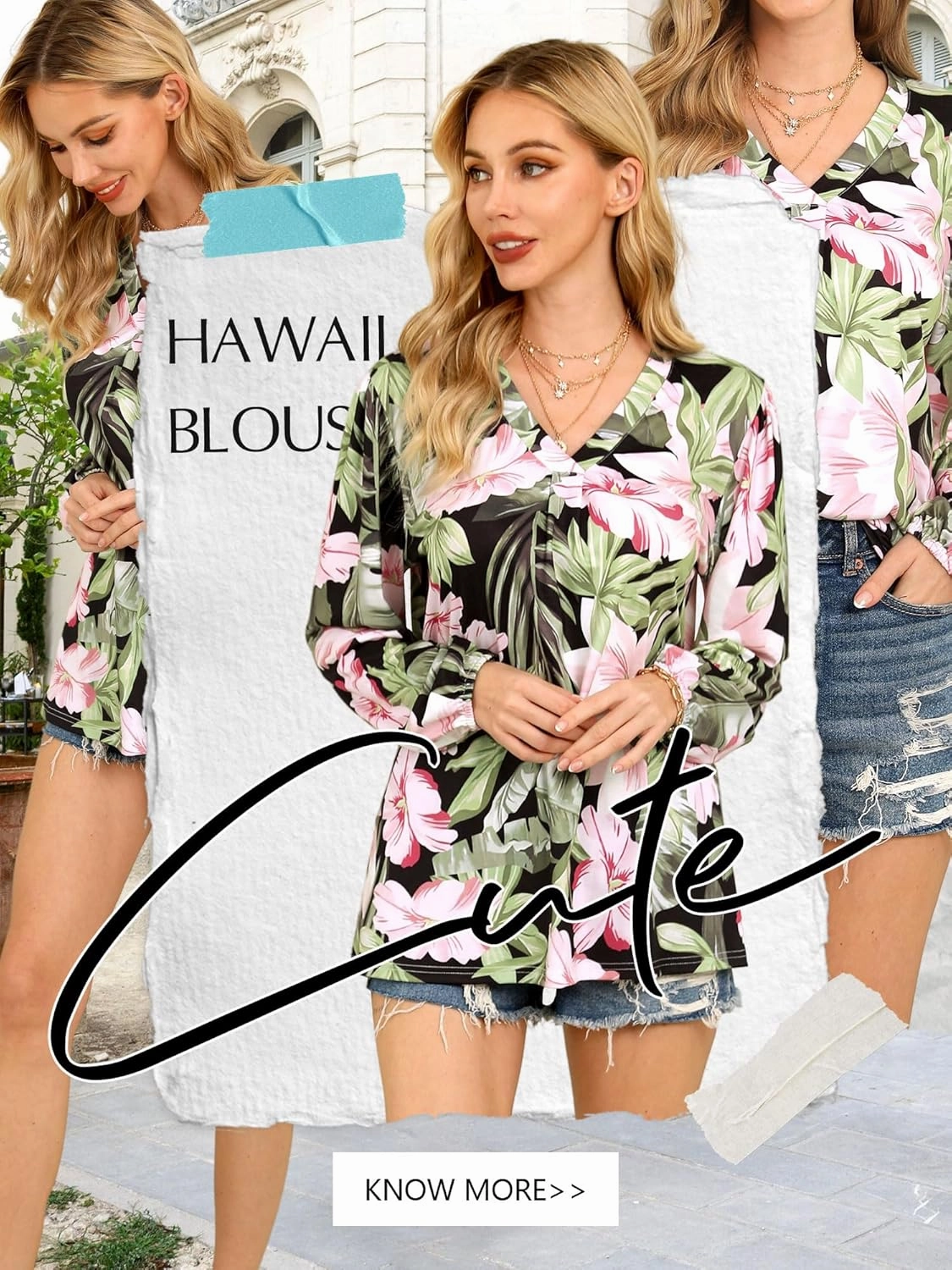 ZXZY Womens Hawaiian Shirt Vintage Leaf Floral Printed Tropical Tops V Neck Puff Long Sleeves Shirts